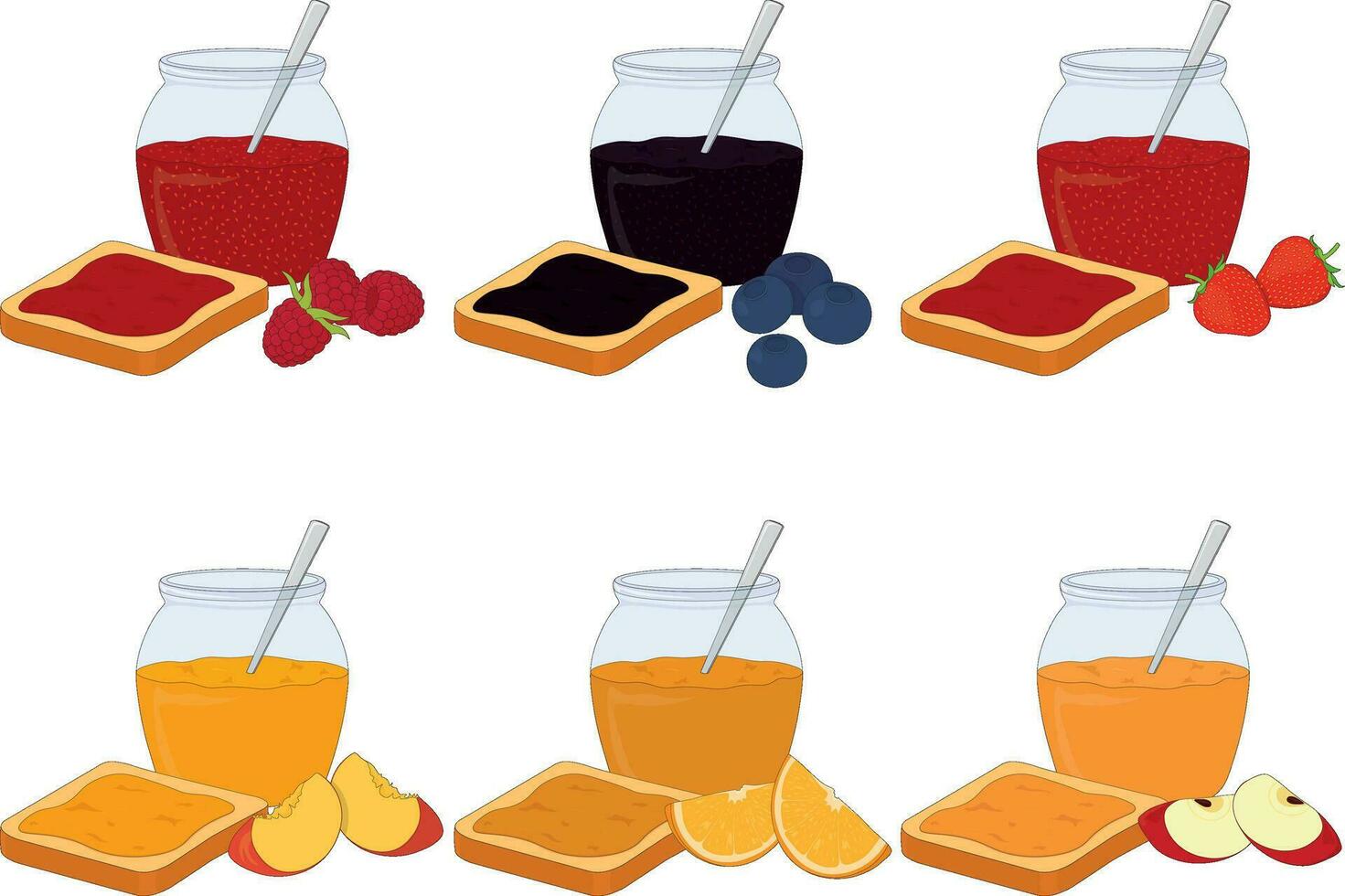 Toast mit Obst und Beere Marmelade zum Frühstück und Glas Krug von Marmelade Vektor Illustration