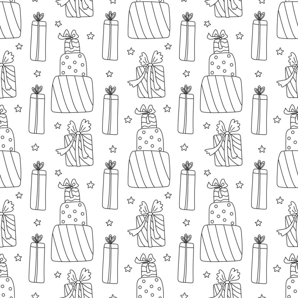 sömlös mönster med födelsedag närvarande eller gåva lådor dekorerad med band rosett. klotter hand dragen vektor illustration på vit bakgrund svart översikt