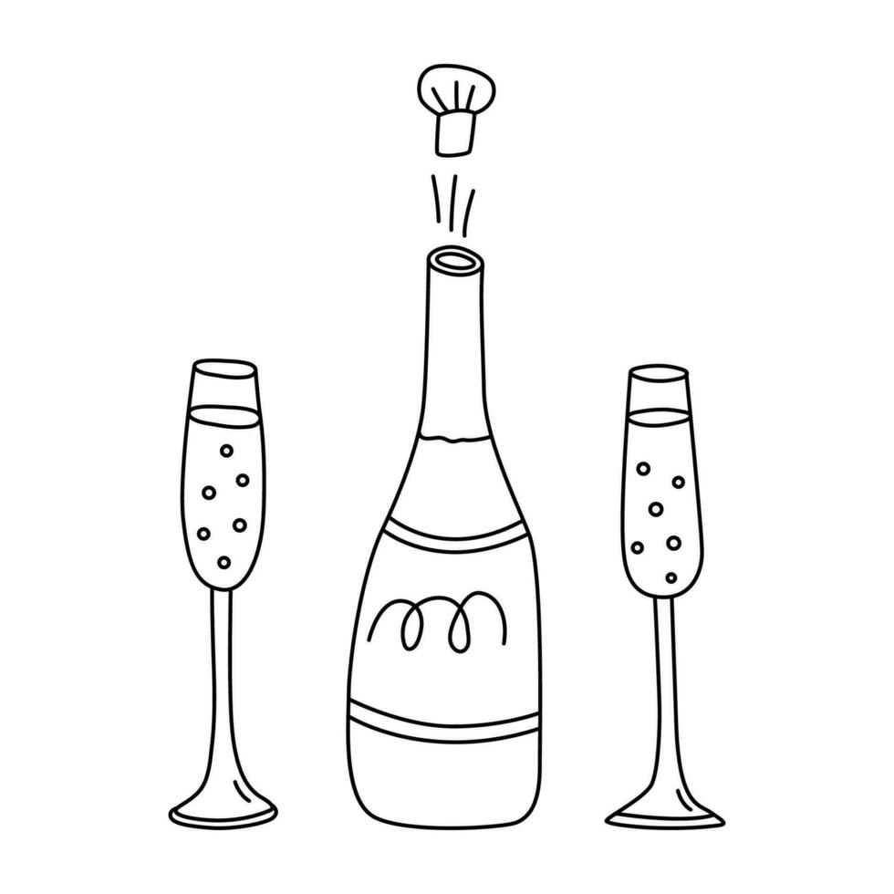 Flasche von Champagner mit Brille Hand gezeichnet Gekritzel Vektor Illustration schwarz Umriss. großartig zum Färbung und Gruß Karten