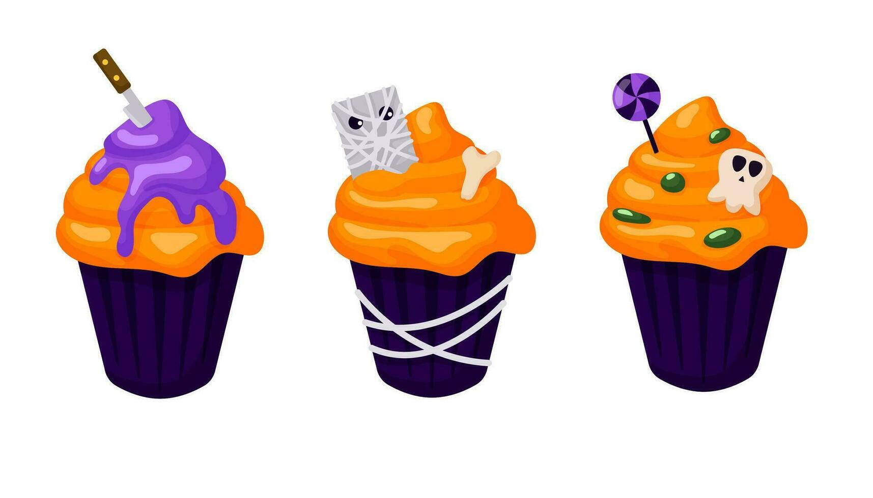 glücklich Halloween Cupcakes einstellen im Karikatur Stil. gespenstisch dekoriert Muffins, unheimlich Süßigkeiten. Vektor Illustration isoliert auf ein Weiß Hintergrund.