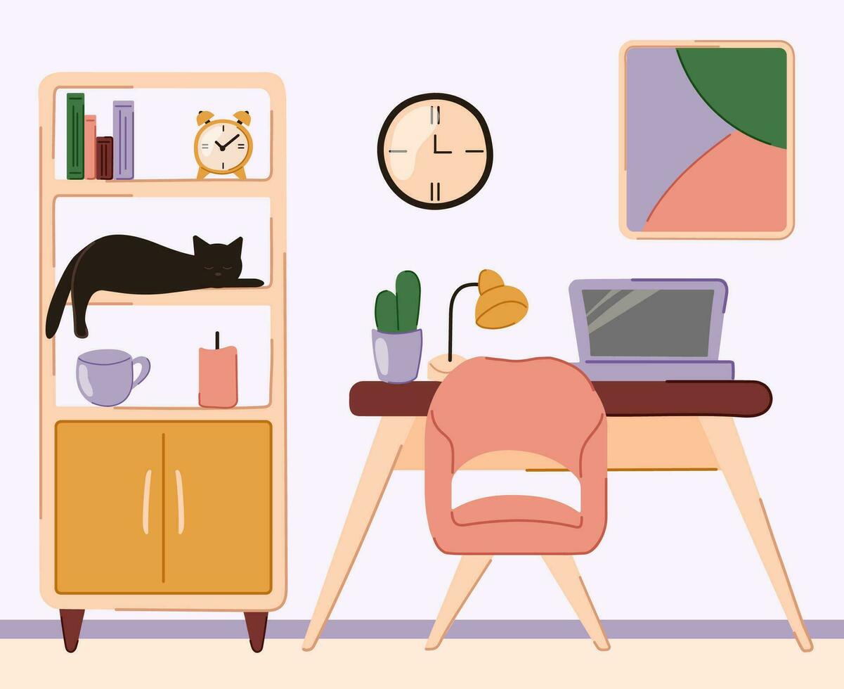 Hem kontor interiör med katt i klotter, platt stil. arbetsplats i de hus. vektor illustration.