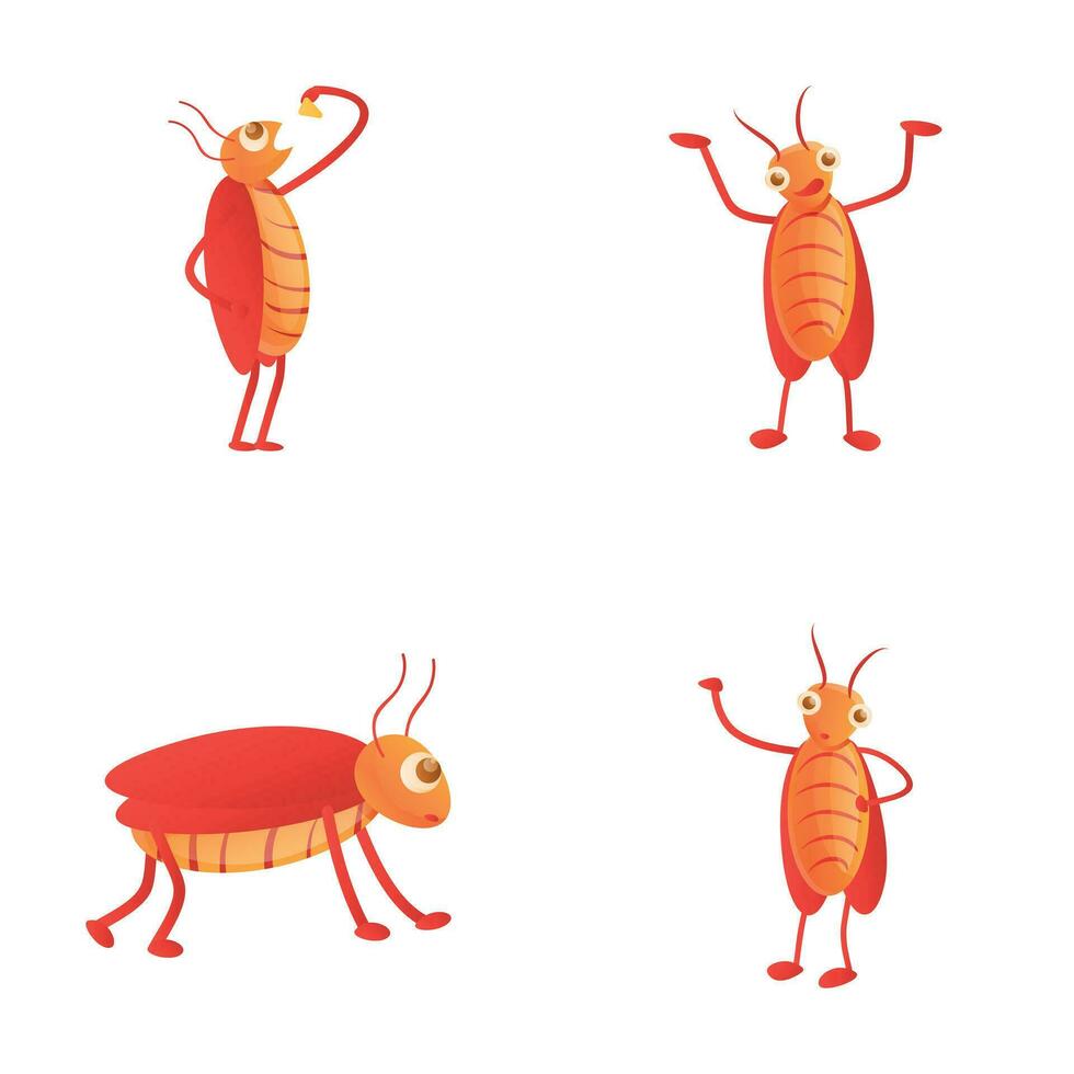glad kackerlacka ikoner uppsättning tecknad serie vektor. olika brun kackerlacka vektor