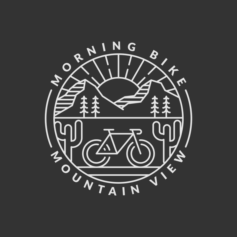 Morgen Berg Radfahren Abzeichen Vektor Illustration. Berg und Fahrrad Monoline oder Linie Kunst Stil. Design können Sein zum T-Shirts, Aufkleber, Drucken Bedürfnisse
