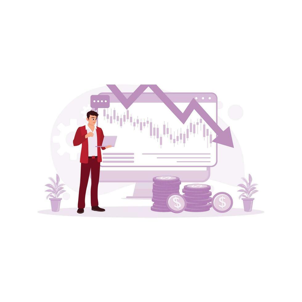 jung Geschäftsmann Analysieren ein absteigend finanziell Leuchter Diagramm auf ein Computer Bildschirm. finanziell Instabilität Konzept. Trend modern Vektor eben Illustration