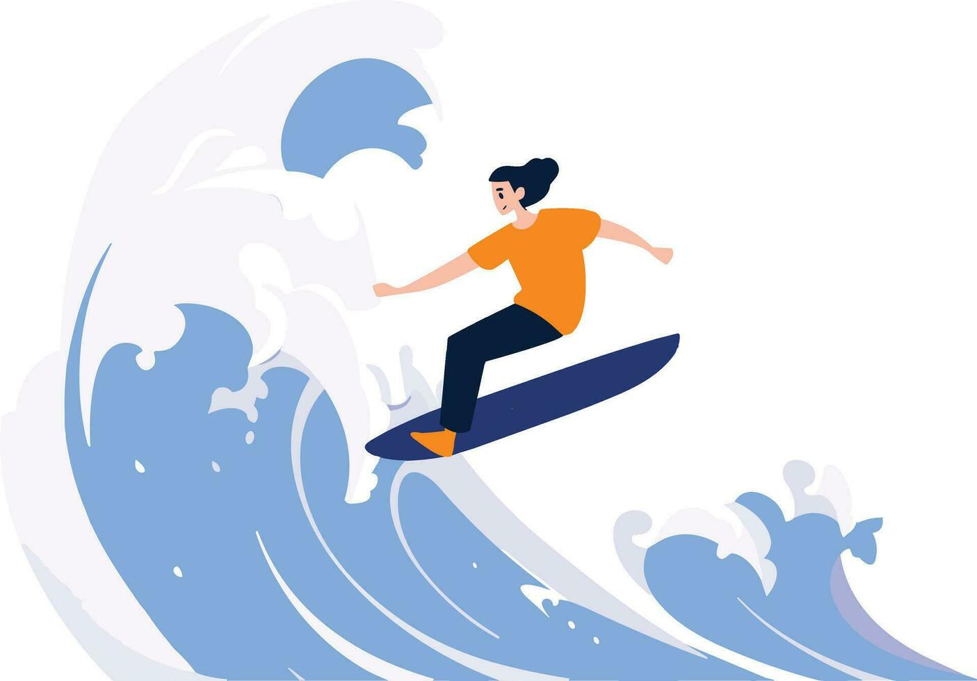 hand dragen turist tonåring tecken är spelar surfingbrädor på de hav i platt stil vektor