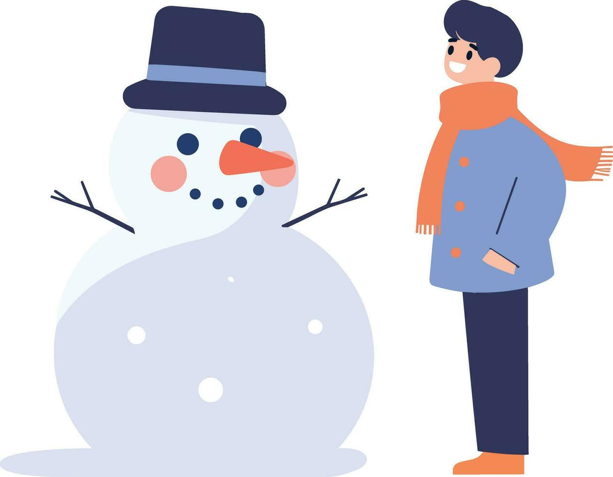 Hand gezeichnet Kind Charakter spielen mit Schneemann im Winter im eben Stil vektor