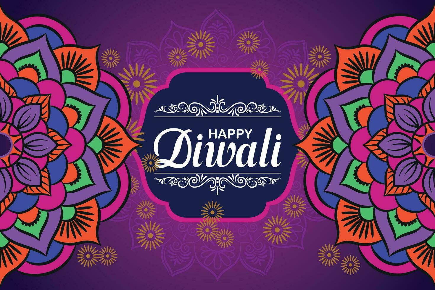 Lycklig diwali, festival av lampor, papper grafisk av indisk rangoli, gyllene lampor, färgrik dekorativ bakgrund, blå magenta bakgrund vektor