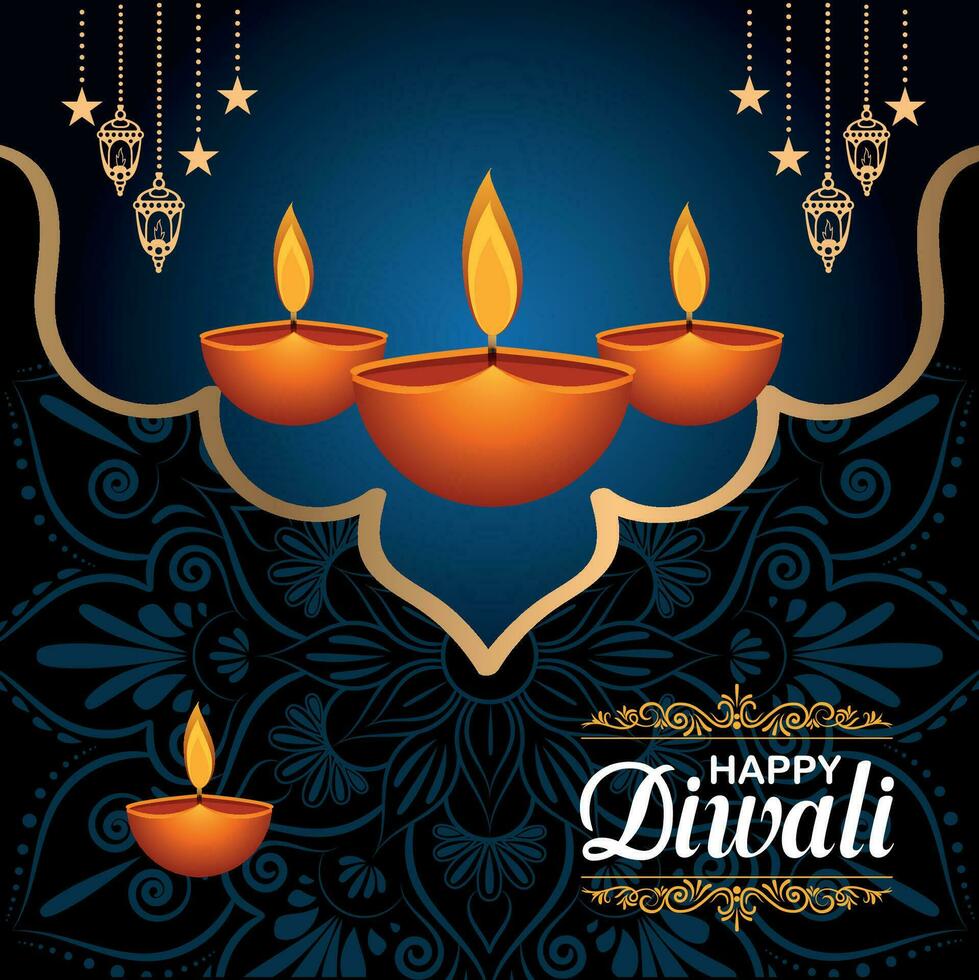 Lycklig diwali, festival av lampor, papper grafisk av indisk rangoli, gyllene lampor, färgrik dekorativ bakgrund, blå magenta bakgrund vektor