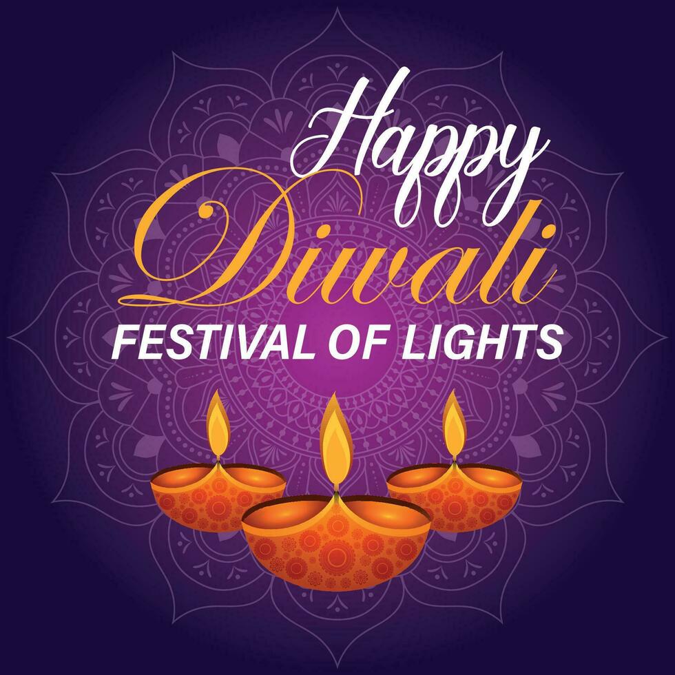 Lycklig diwali, festival av lampor, papper grafisk av indisk rangoli, gyllene lampor, färgrik dekorativ bakgrund, blå magenta bakgrund vektor