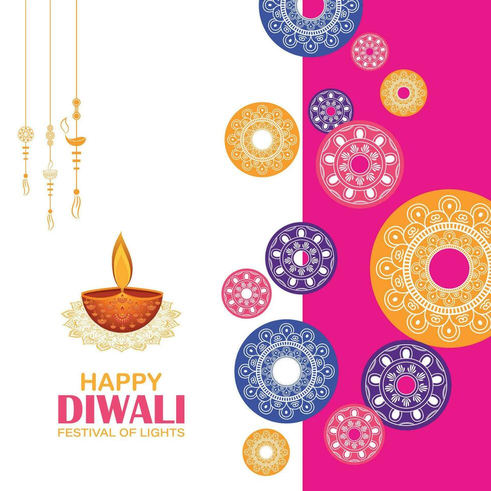 Lycklig diwali, festival av lampor, papper grafisk av indisk rangoli, gyllene lampor, färgrik dekorativ bakgrund, blå magenta bakgrund vektor