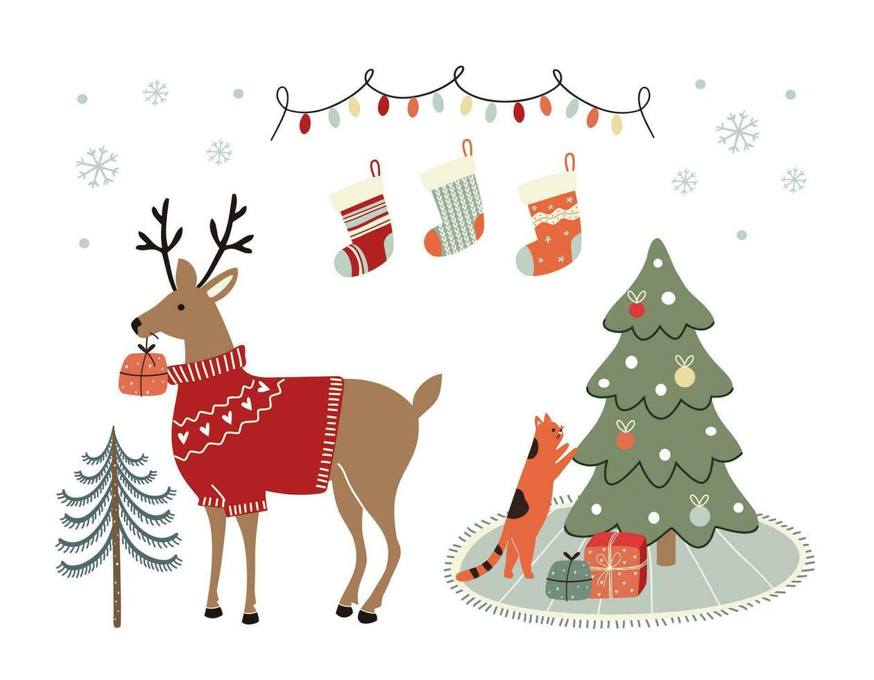 einstellen zum Winter Feiertage, Abbildungen mit Hirsch und Weihnachten Baum im eben Stil. vektor