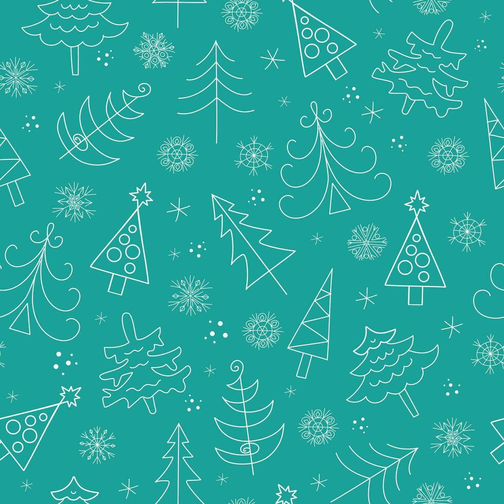 ny år gran . uppsättning av jul träd och snöflingor i klotter stil. ikoner. ny år vektor illustration. sömlös bakgrund. för dekoration av gåva omslag, textilier, tapet.