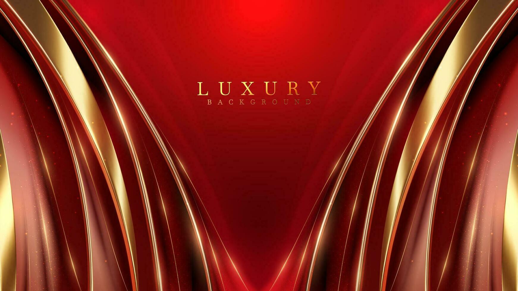 luxuriöser roter farbhintergrund mit goldenen linienelementen und kurvenlichteffektdekoration und bokeh. vektor