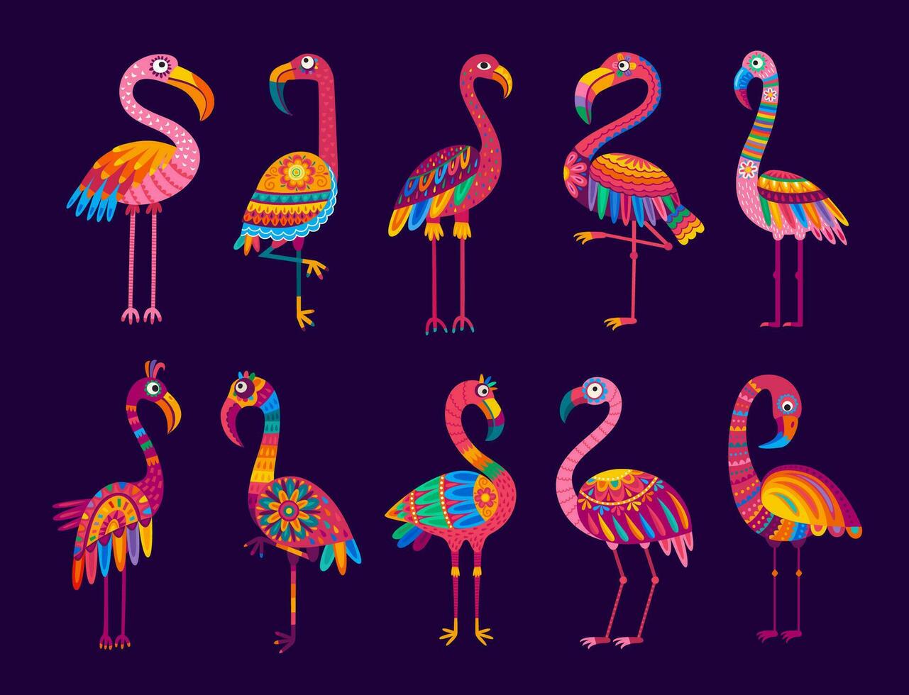 tecknad serie brasiliansk flamingo fåglar, vektor uppsättning
