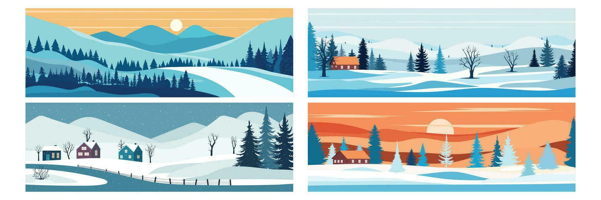einstellen von Winter Hintergrund Banner. Winter Landschaft mit Berg, Kiefer Bäume, Hügel und Haus. Vektor Illustration.