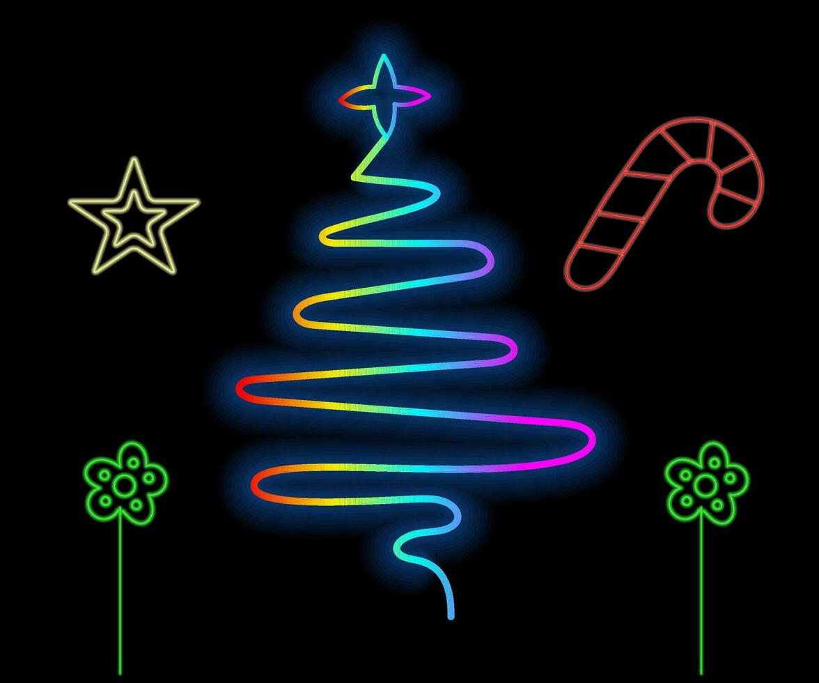 abstrakt neon lampa jul form bakgrund objekt lysande ikon. jul objekt i levande färger. festlig gran med neon ljus. ikon uppsättning, tecken, symbol för ui. vektor illustration