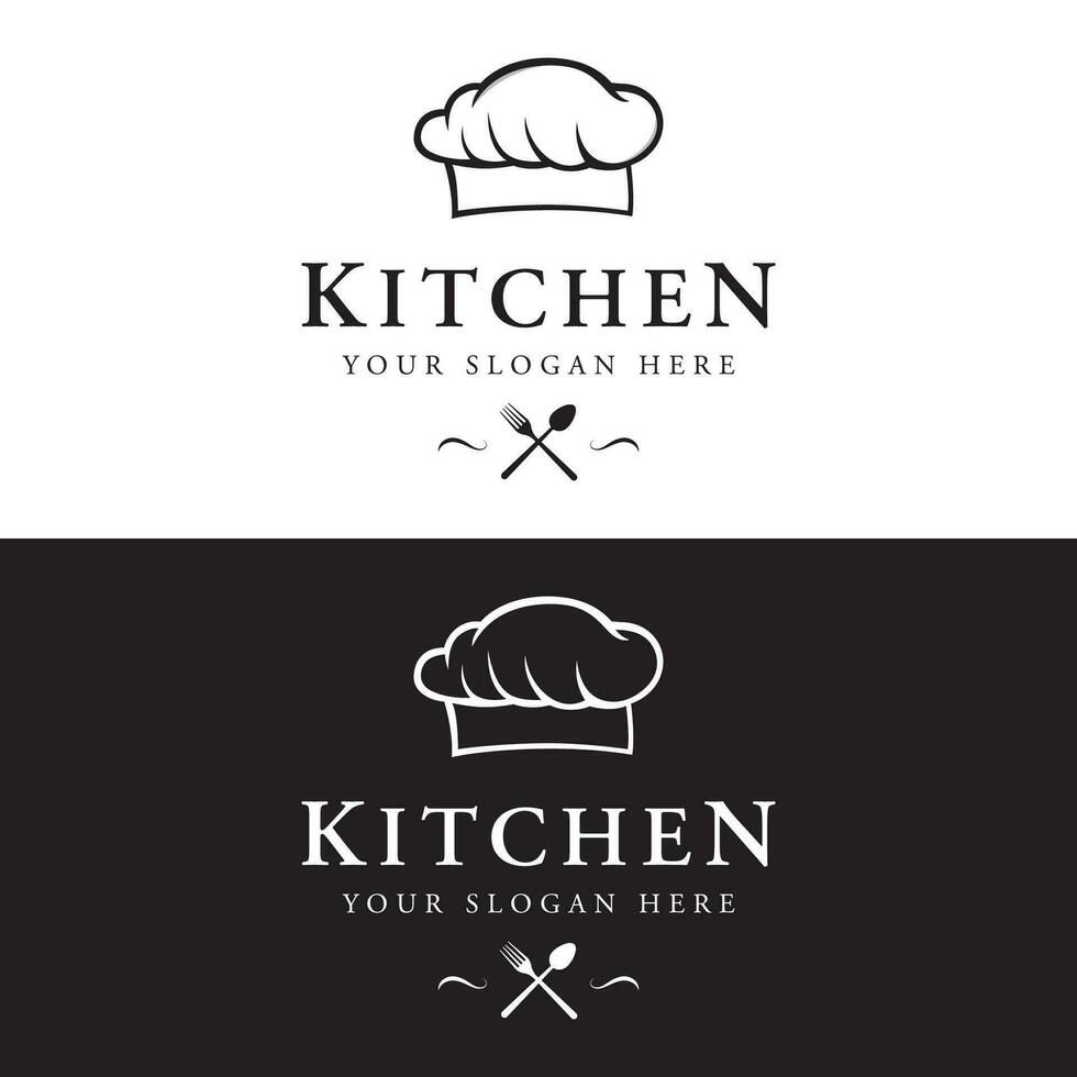 kök logotyp design med kreativ kockens hatt och matlagning redskap. logotyp för restaurang, kock, företag. vektor