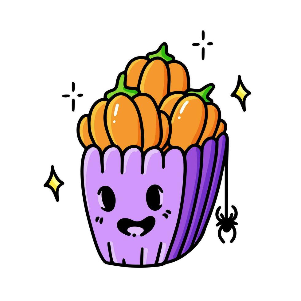 Orange Kürbisse im ein gruselig Korb. Popcorn zum Halloween. ein hängend Spinne auf ein Netz. Illustration von ein festlich behandeln. isoliert Vektor Illustration.