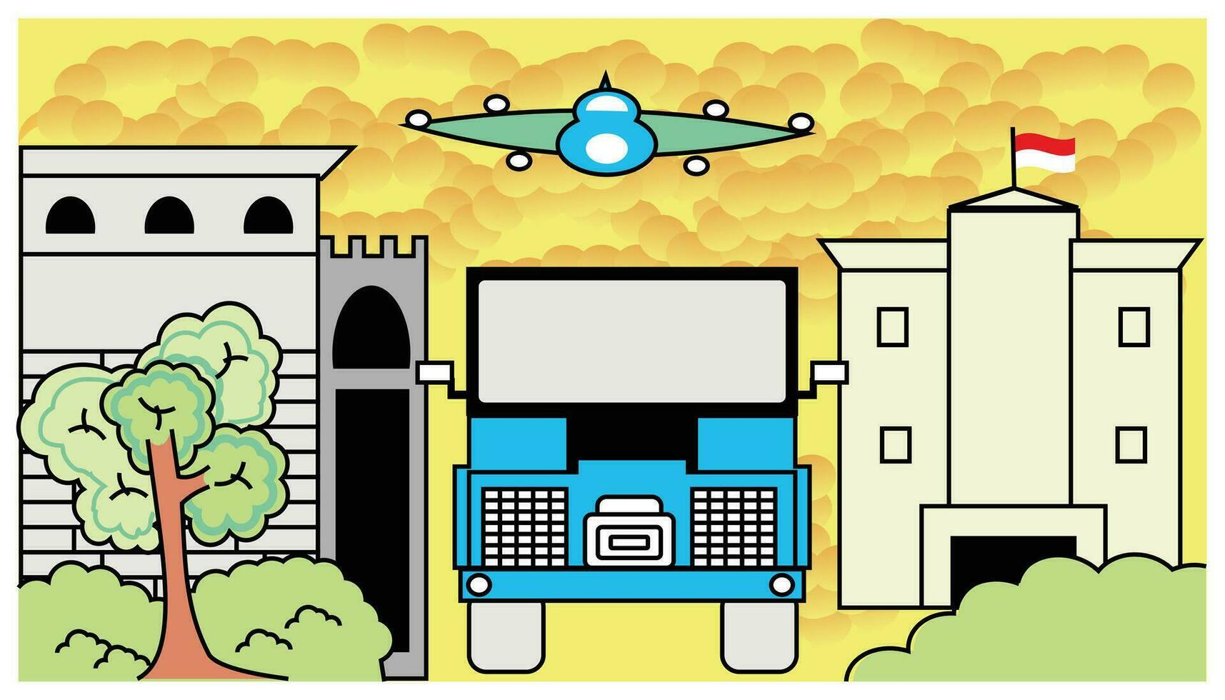 illustration av de stadsbild med en bil och en plan. illustration av en krig som innehåller en defensiv fort med en mörk, rödaktig himmel och en spänd atmosfär vektor