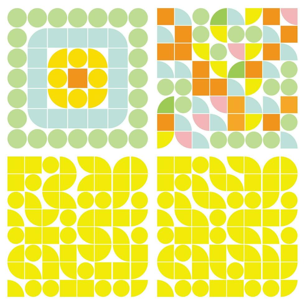 abstrakt geometrisk bakgrund med cirklar och kvadrater i gul, rosa och grön. sömlös vektor mönster med cirklar och kvadrater i gul och blå