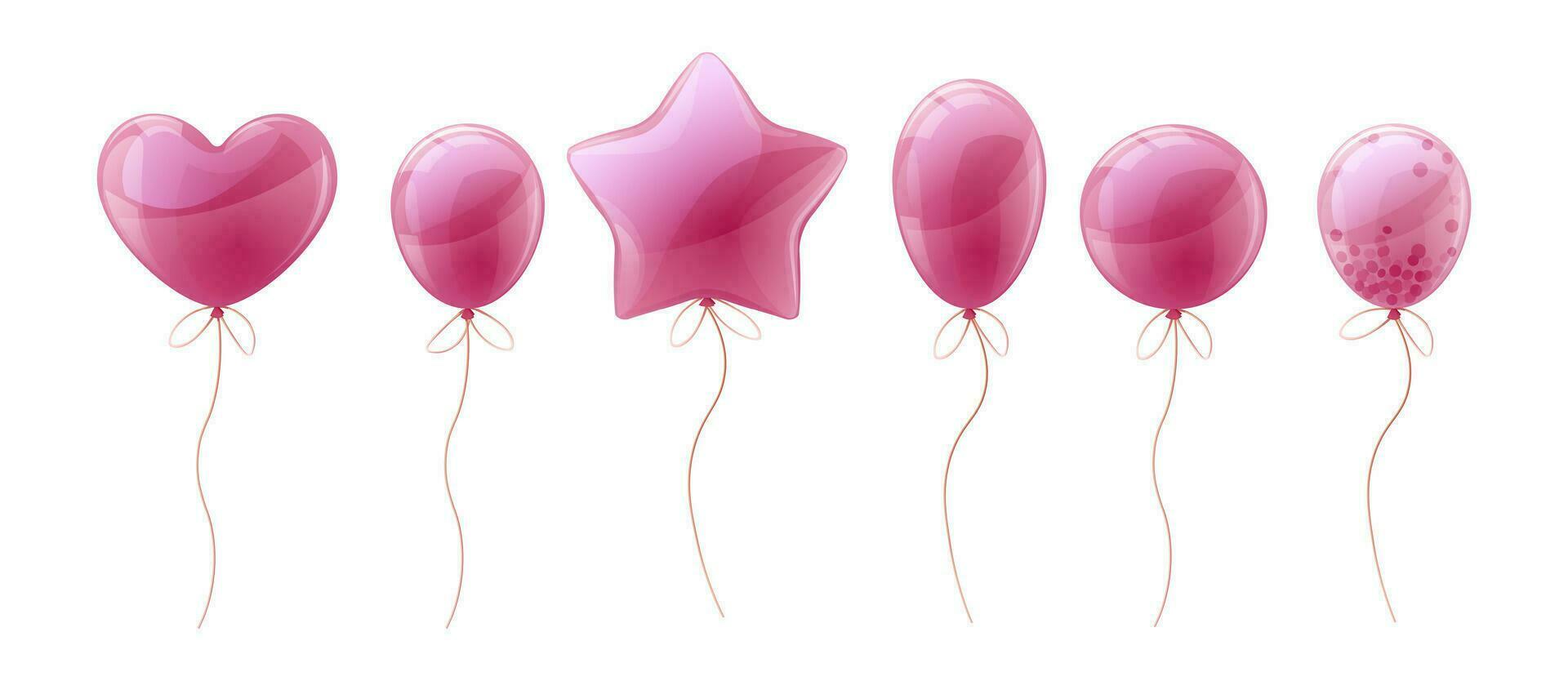 einstellen von Luftballons auf isoliert Hintergrund. Karikatur Stil Rosa Helium Luftballons von anders Formen. Dekor zum Geburtstage, Feiertage, Weihnachten, usw. vektor