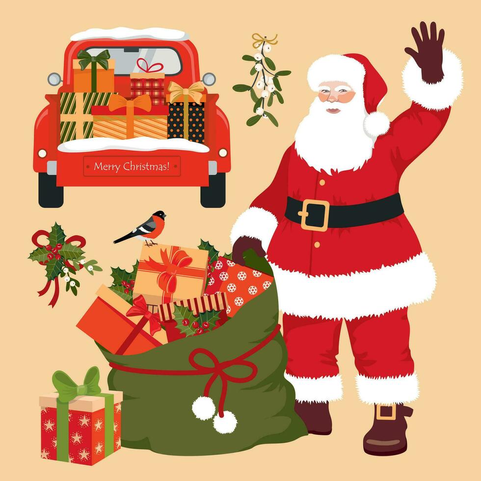 jul element uppsättning. santa claus med en väska av gåvor och en röd bil. jultomten bil med gåvor i de trunk. illustrerade vektor ClipArt.