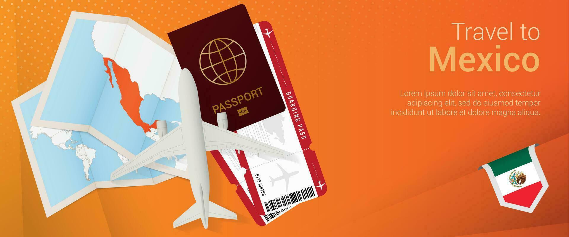 Reise zu Mexiko Pop-under Banner. Ausflug Banner mit Reisepass, Eintrittskarten, Flugzeug, Einsteigen passieren, Karte und Flagge von Mexiko. vektor