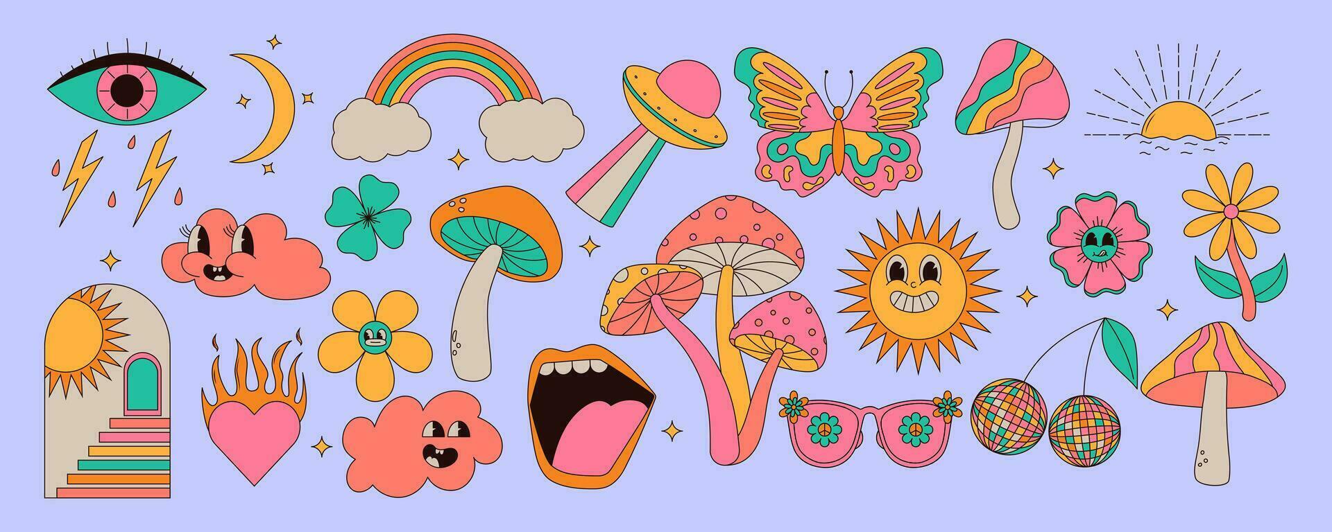 uppsättning av årgång häftig element. svamp, Sol, blomma, mun, ögon, solglasögon och etc. klistermärke packa i hippie 70s stil. vektor illustration