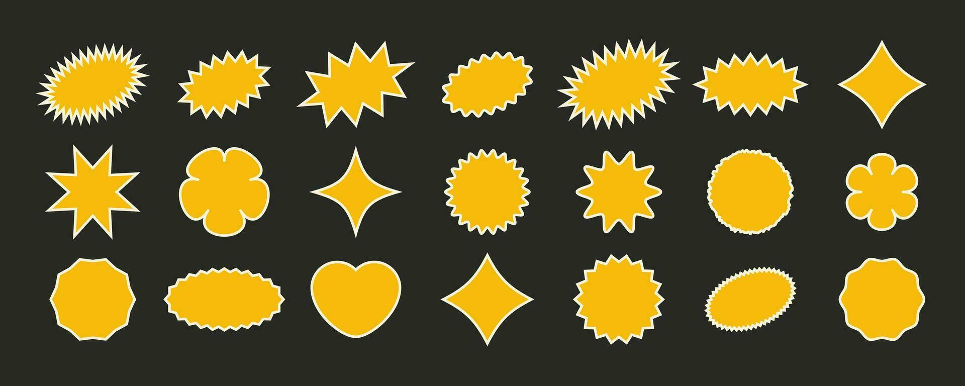 Sammlung von Gelb Starburst Formen. Design Elemente zum Promo Werbung Kampagne. Vektor Illustration
