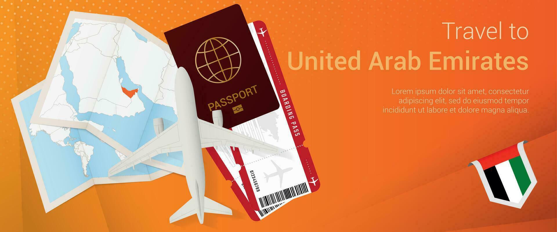 resa till förenad arab emirates pop-under baner. resa baner med pass, biljetter, flygplan, ombordstigning passera, Karta och flagga av förenad arab emiraten. vektor