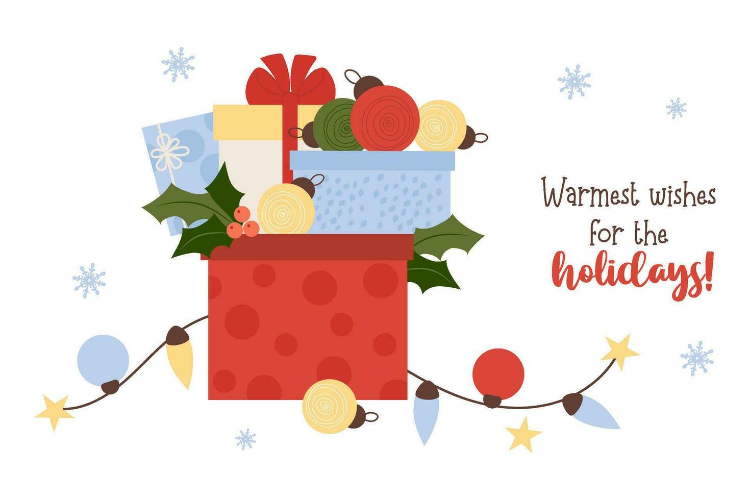 jul gåvor och leksaker bollar, järnek och krans. vektor illustration. ny år söt hälsning kort.