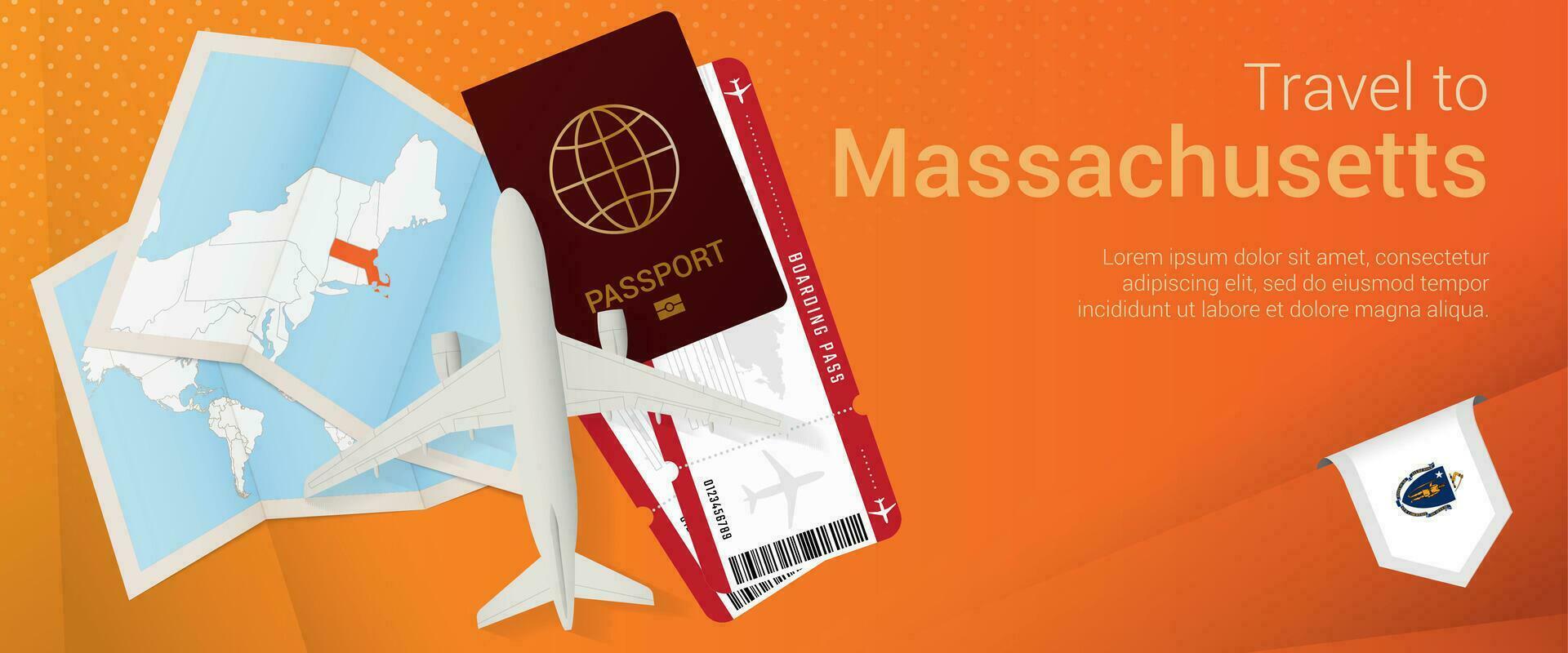 resa till massachusetts pop-under baner. resa baner med pass, biljetter, flygplan, ombordstigning passera, Karta och flagga av massachusetts. vektor