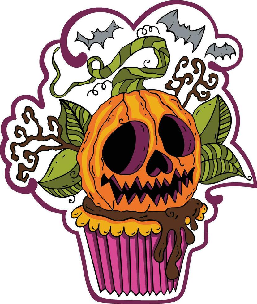 hand dragen tecknad serie klotter av muffin halloween pumpa vektor