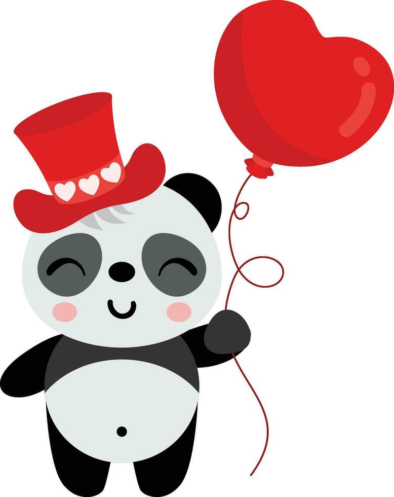 söt panda med röd hatt innehav en hjärta ballong vektor