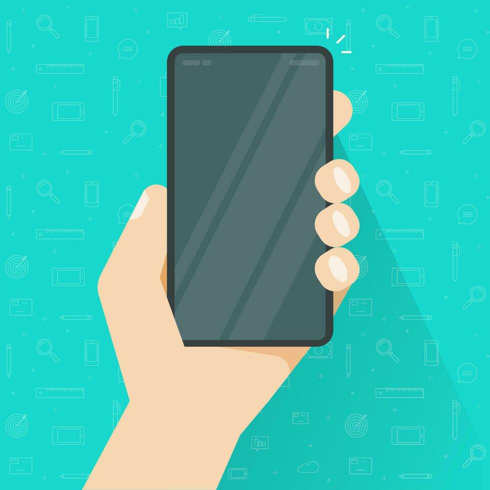 Telefon oder Handy im Hand mit leeren Bildschirm oder Person halten Handy, Mobiltelefon Smartphone mit leer Anzeige Vektor Illustration, eben Karikatur Telefon Attrappe, Lehrmodell, Simulation oder Vorlage modern Design Bild