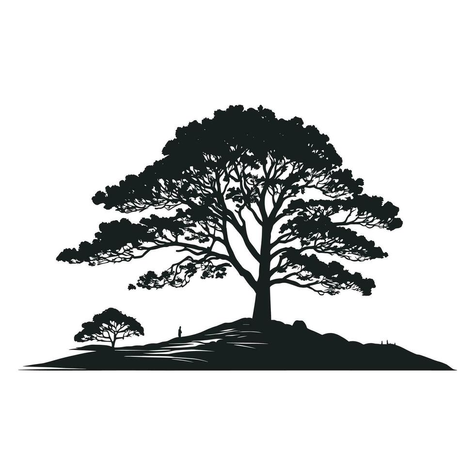 Berge Baum und Vogel Silhouetten Vektor Illustration