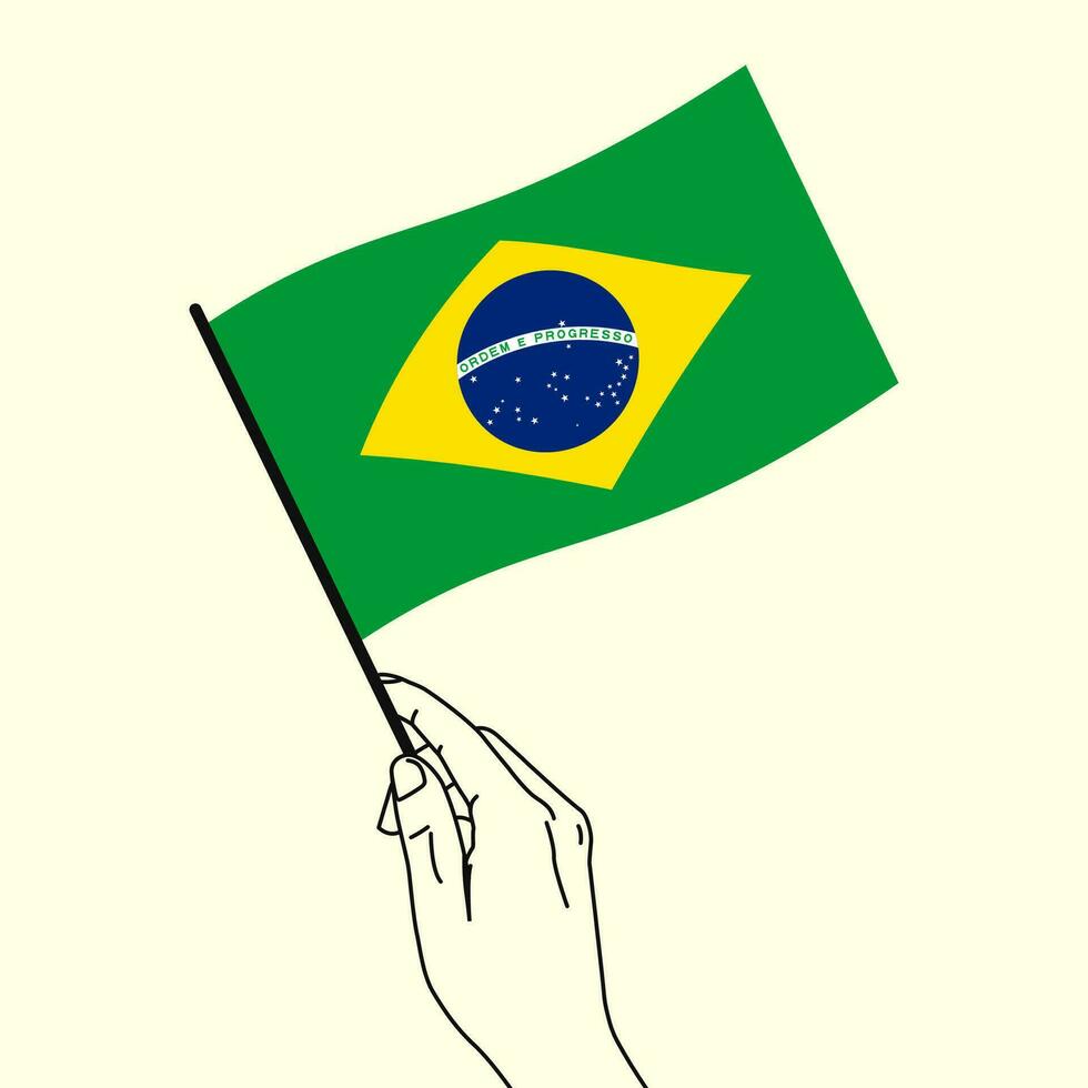 hand innehav Brasilien flagga med linje konst stil. Brasilien flagga. vektor illustration