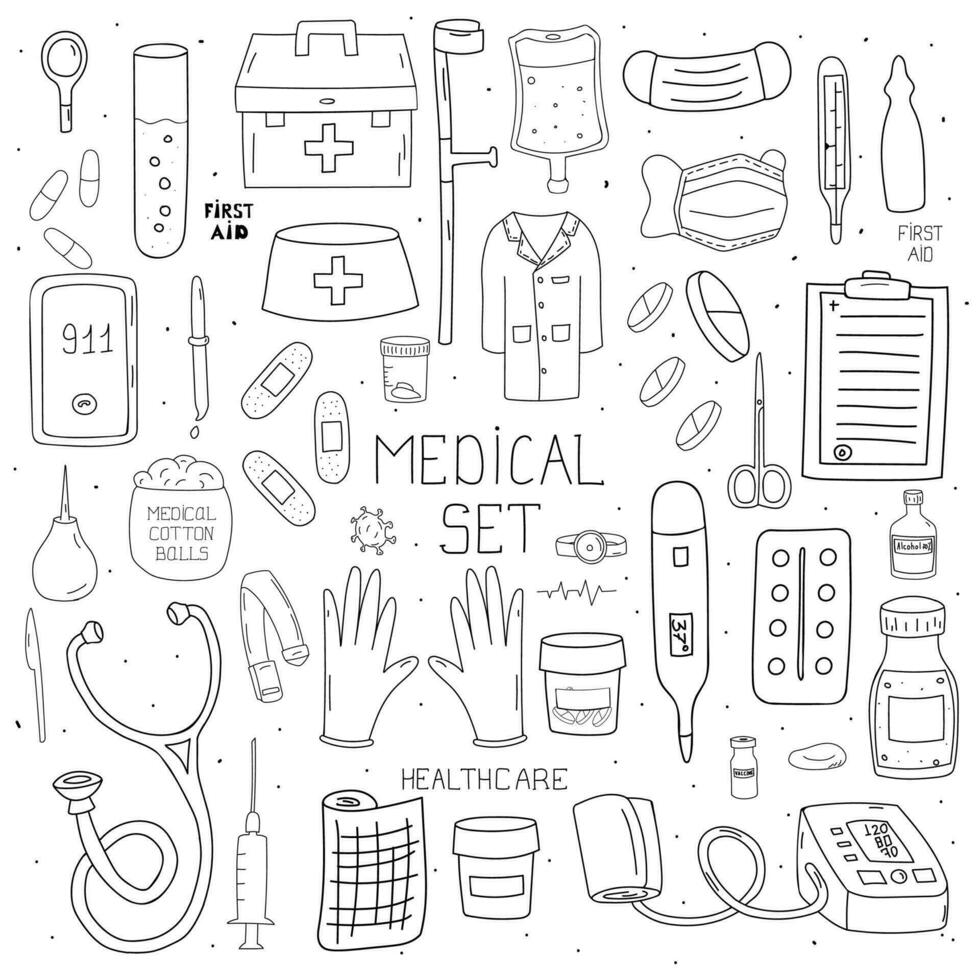 Hand gezeichnet Gesundheitswesen und Medizin Vektor Kritzeleien Illustration. isoliert Vektor Objekte auf Weiß Hintergrund.