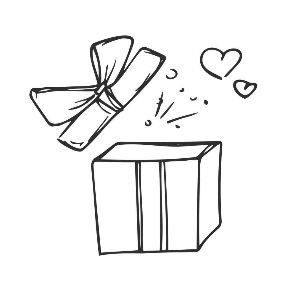 Geschenk Box Illustration. ein öffnen Geschenk. Überraschung. Hand Zeichnung Gekritzel. Hübsch, komisch Zeichnung. schwarz und Weiß Zeichnung. Vektor. Symbol. vektor