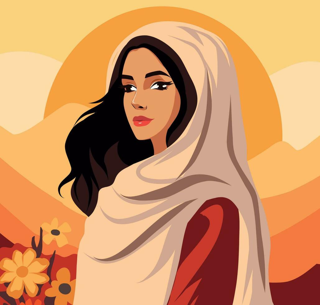Vektor Banner Poster schön arabisch Frau im ein Feld gegen Sonnenuntergang Hintergrund. Welt Frieden. International Damen Tag. Vektor Konzept zum Freiheit Unabhängigkeit und Damen Rechte