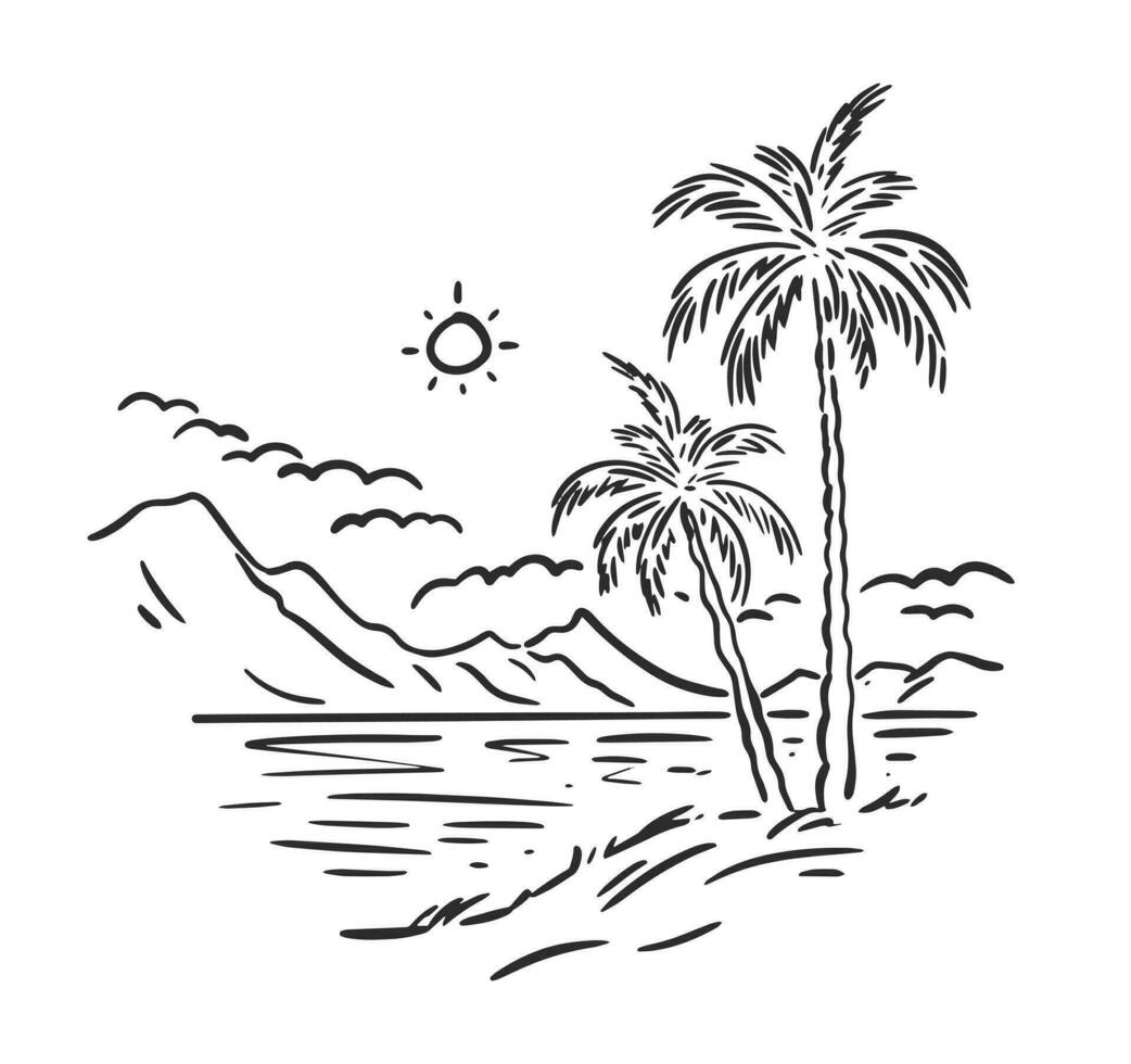 Panorama von das Sommer- Landschaft. hoch Palme Bäume gegen das Hintergrund von Berge und Meer. Vektor linear Illustration