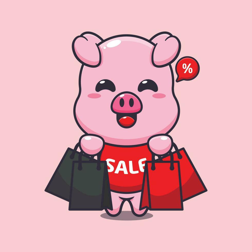 söt gris med handla väska i svart fredag försäljning tecknad serie vektor illustration