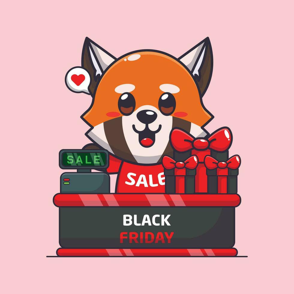 söt röd panda med kassör tabell i svart fredag försäljning tecknad serie vektor illustration