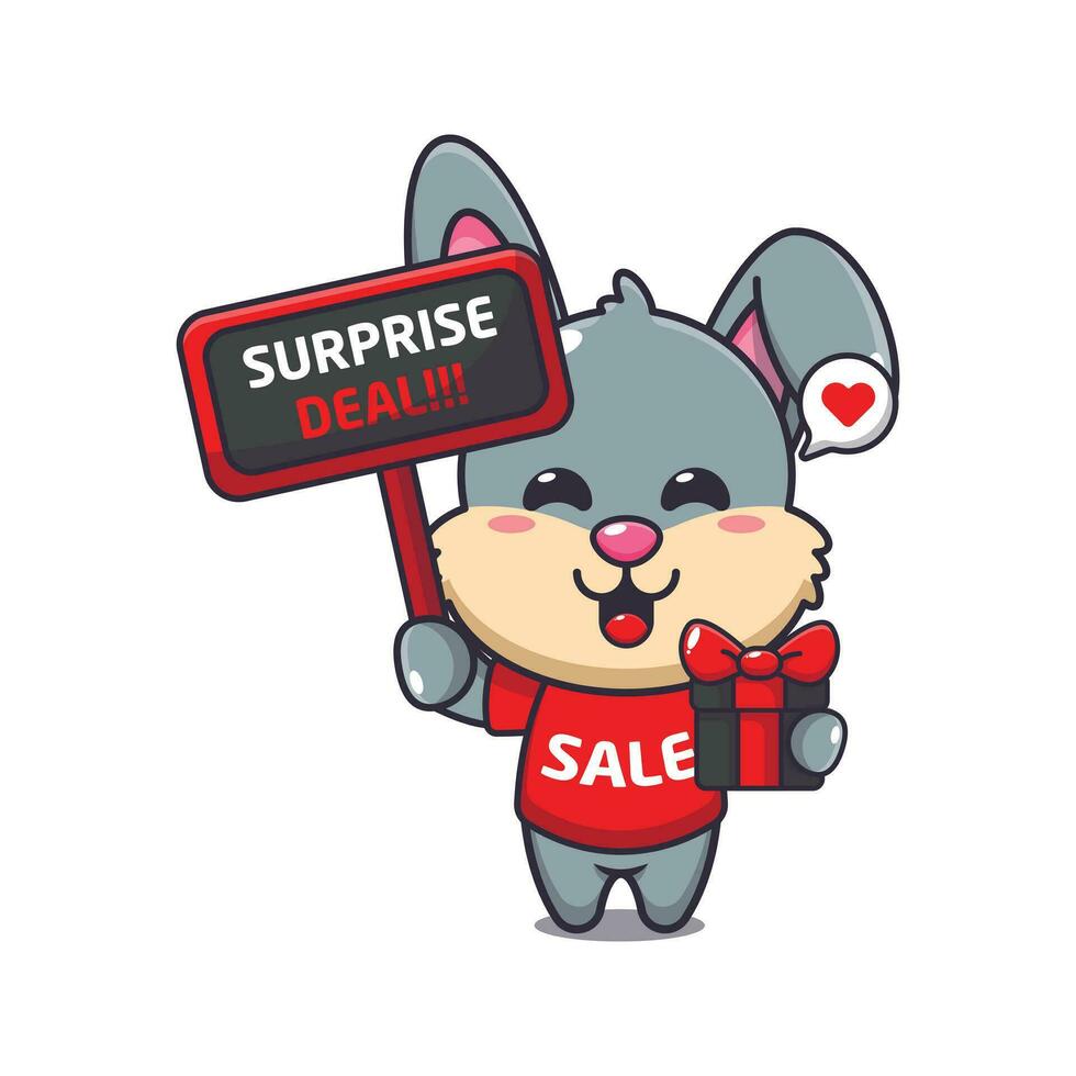 süß Hase mit Beförderung Zeichen und Geschenk Box im schwarz Freitag Verkauf Karikatur Vektor Illustration