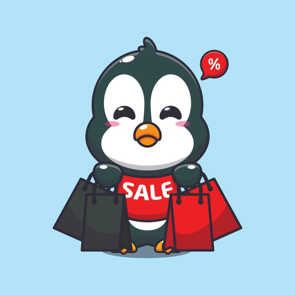 süß Pinguin mit Einkaufen Tasche im schwarz Freitag Verkauf Karikatur Vektor Illustration