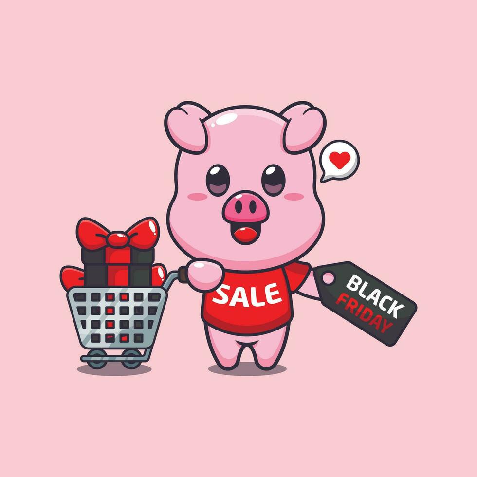 söt gris med handla vagn och rabatt kupong svart fredag försäljning tecknad serie vektor illustration