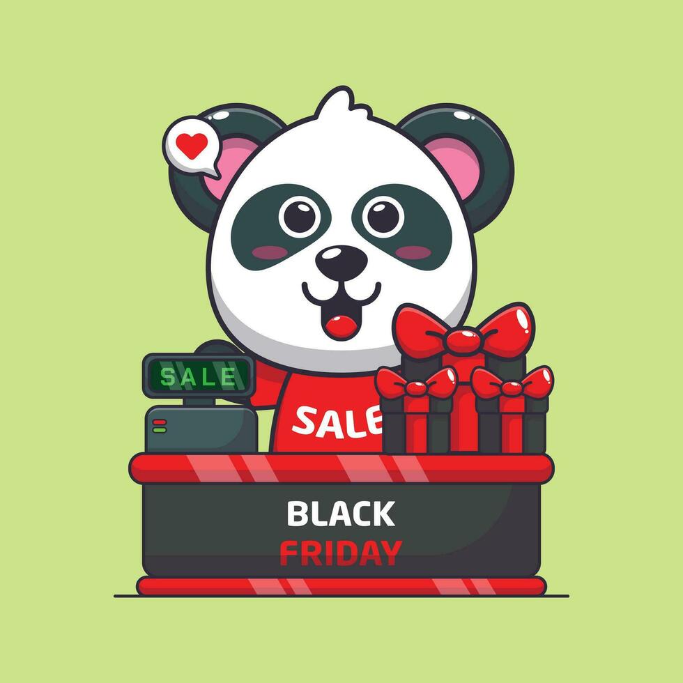süß Panda mit Kassierer Tabelle im schwarz Freitag Verkauf Karikatur Vektor Illustration