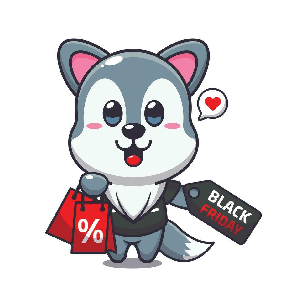 süß Wolf mit Einkaufen Tasche und schwarz Freitag Verkauf Rabatt Karikatur Vektor Illustration