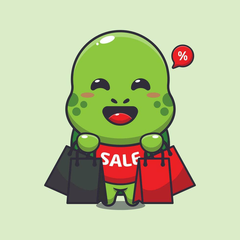 süß Schildkröte mit Einkaufen Tasche im schwarz Freitag Verkauf Karikatur Vektor Illustration