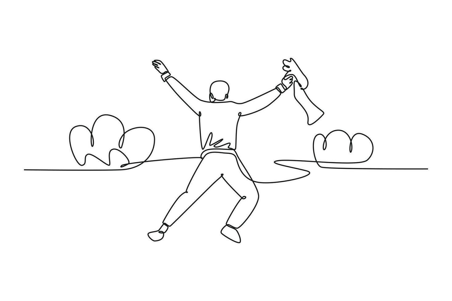 enda ett linje teckning tillbaka se av Lycklig företag man sträcka ut hans händer in i de luft och Hoppar över de moln. företag firande. kontinuerlig linje dra design grafisk vektor illustration
